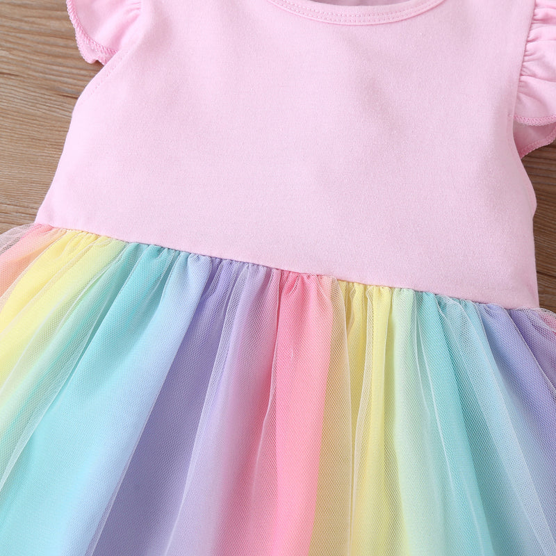 Toddler Kids Girl Summer Solid Color Sleeveless Rainbow Color Mesh Splicing Dress - PrettyKid