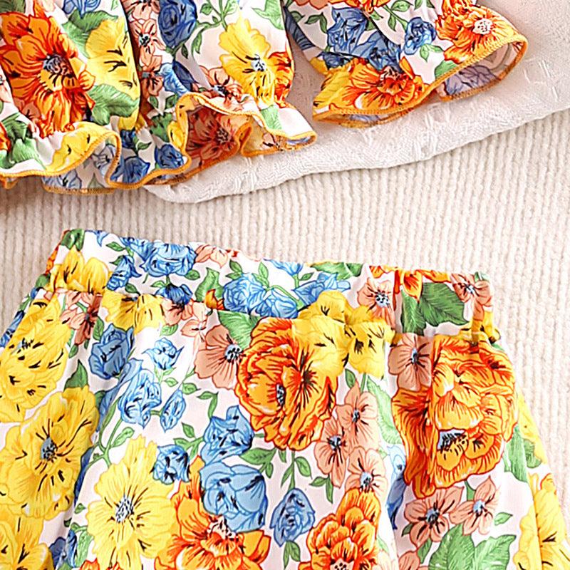 3 Girls' Suit Cute Print Off-shoulder Suspender Top Irregular Skirt Two-piece Set