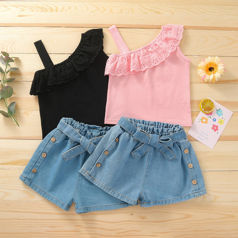 Summer Girls Set Solid Color Single Shoulder Strap Sleeveless Lace Tops Denim Shorts Two-piece - PrettyKid
