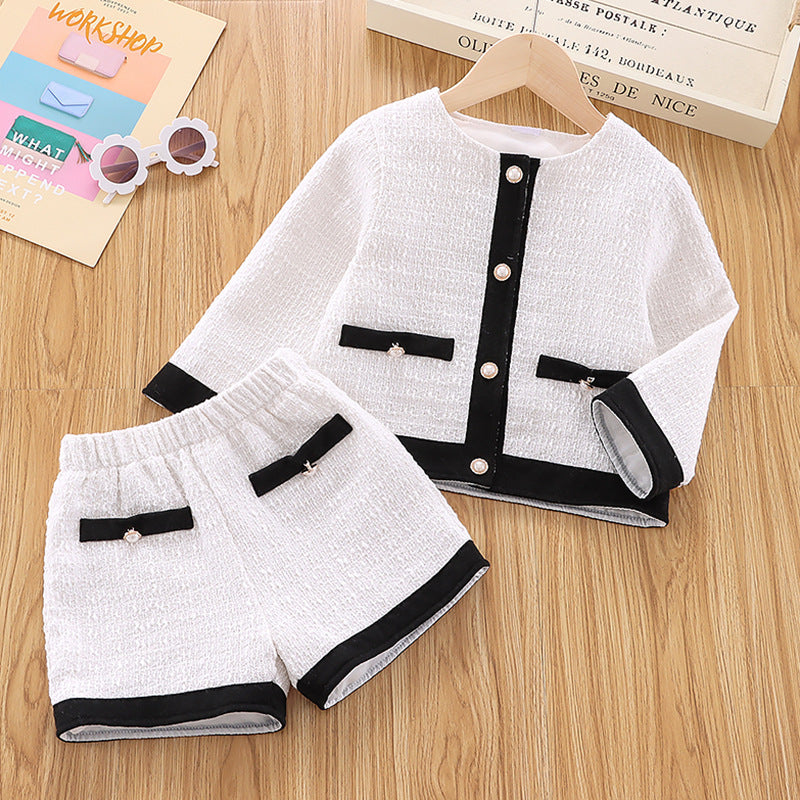 Toddler Kids Girls Black White Contrast Color Long Sleeve Button Top Shorts Set - PrettyKid