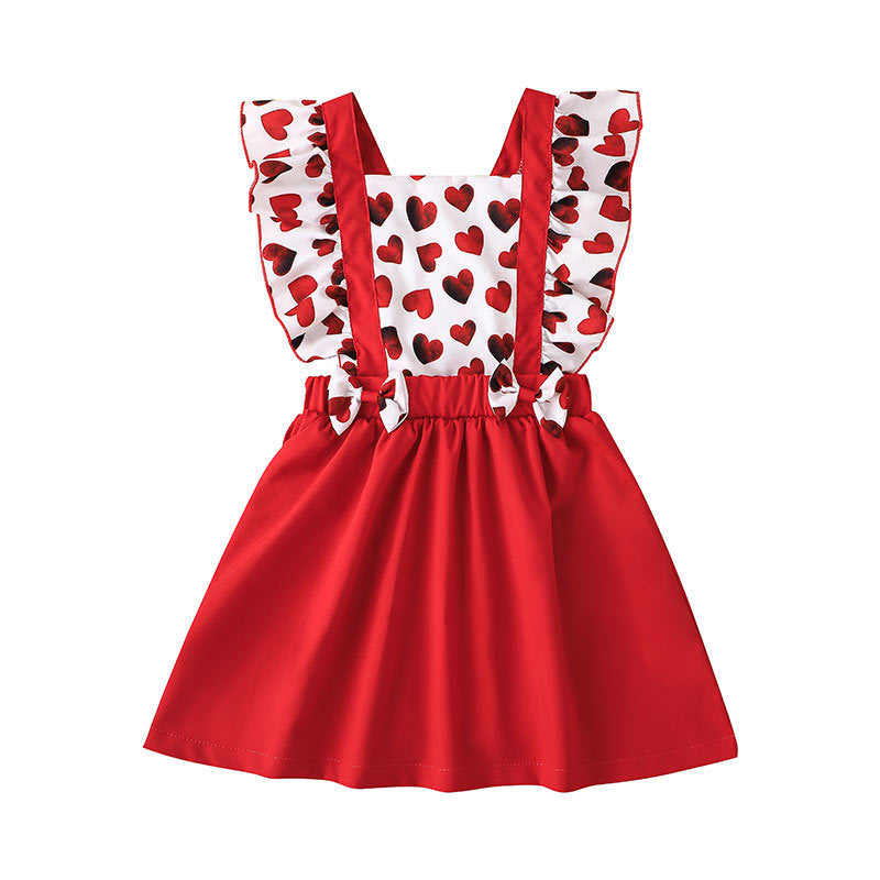 Kids Girls Solid Color Love Printed Sleeveless Dress - PrettyKid