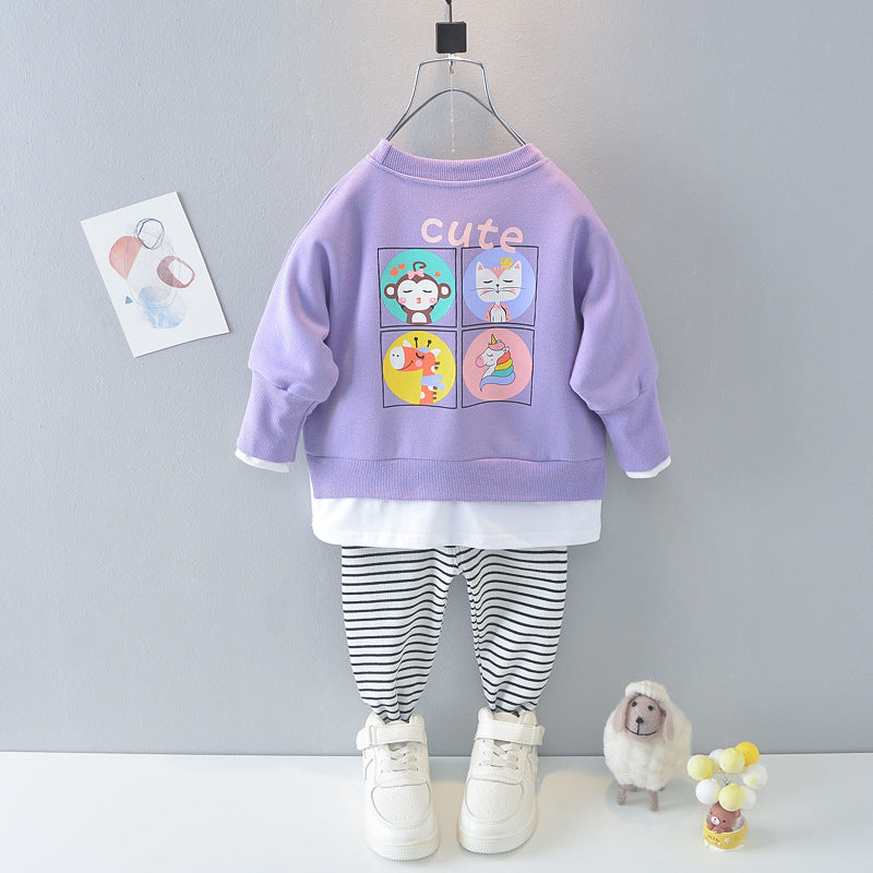 Toddler Kids Girls Solid Color Cartoon Printing Long Sleeve Fake Two Piece Suit Sweater Stripe Pants Set - PrettyKid
