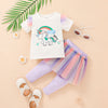 Toddler Girls Solid Color Unicorn Print Short-sleeved T-shirt Rainbow Mesh Splicing Skirt Pants Set - PrettyKid
