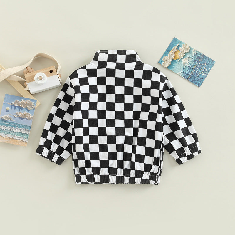 Toddler Kids Checkerboard Print Zipper Jacket - PrettyKid