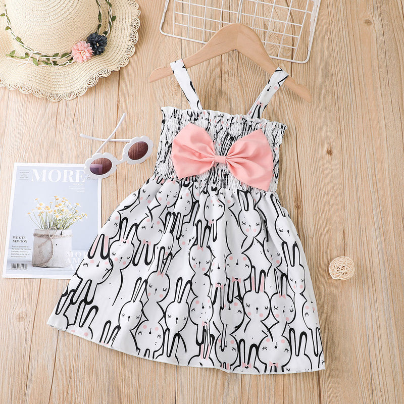 Toddler Girls Summer Cartoon Rabbit Print Sleeveless Bow Suspender Dress - PrettyKid
