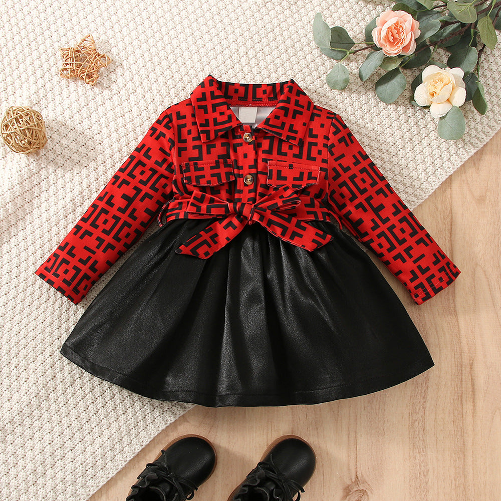 Baby Girls Floral Print Fake Two-piece Leather Dress - PrettyKid