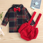 Toddler Boys' Plaid Printed Long Sleeve Shirt Solid Color Suspender Set - PrettyKid