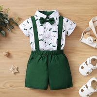 Baby Boys Cartoon Beard Printed Short-sleeved Shirt Solid Color Backpack Pants Bow Tie Set - PrettyKid