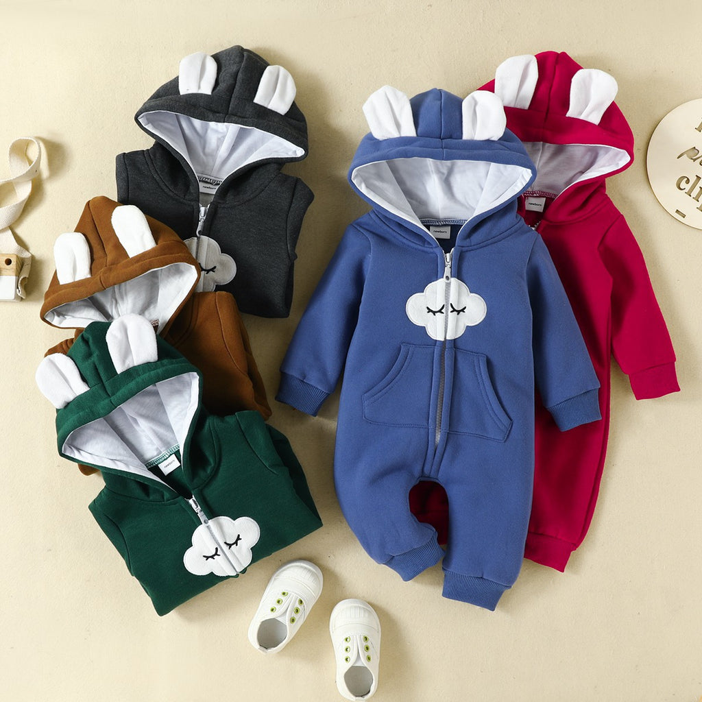 Baby Boys Girls Solid Color Cute Clouds Zipper Long Sleeve Zipper Hooded Jumpsuit - PrettyKid