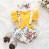 Baby Girls Solid Color Short Sleeve Round Neck Top Flower Print Suspender Bow Strap Shorts Set - PrettyKid