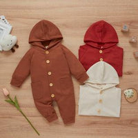 Baby Boys Girls Solid Color Long Sleeve Wool Waffle Hooded Jumpsuit - PrettyKid