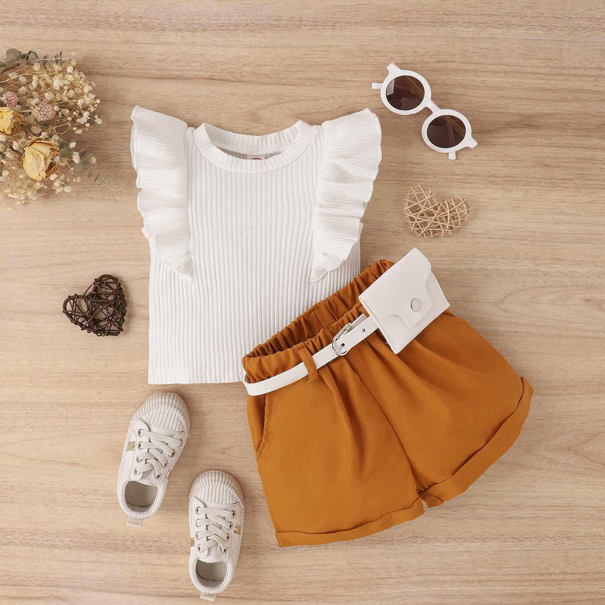 Spring and Summer Cotton Pit Strip Flying Sleeve Top Solid Color Shorts with Waist Bag Girls Suit