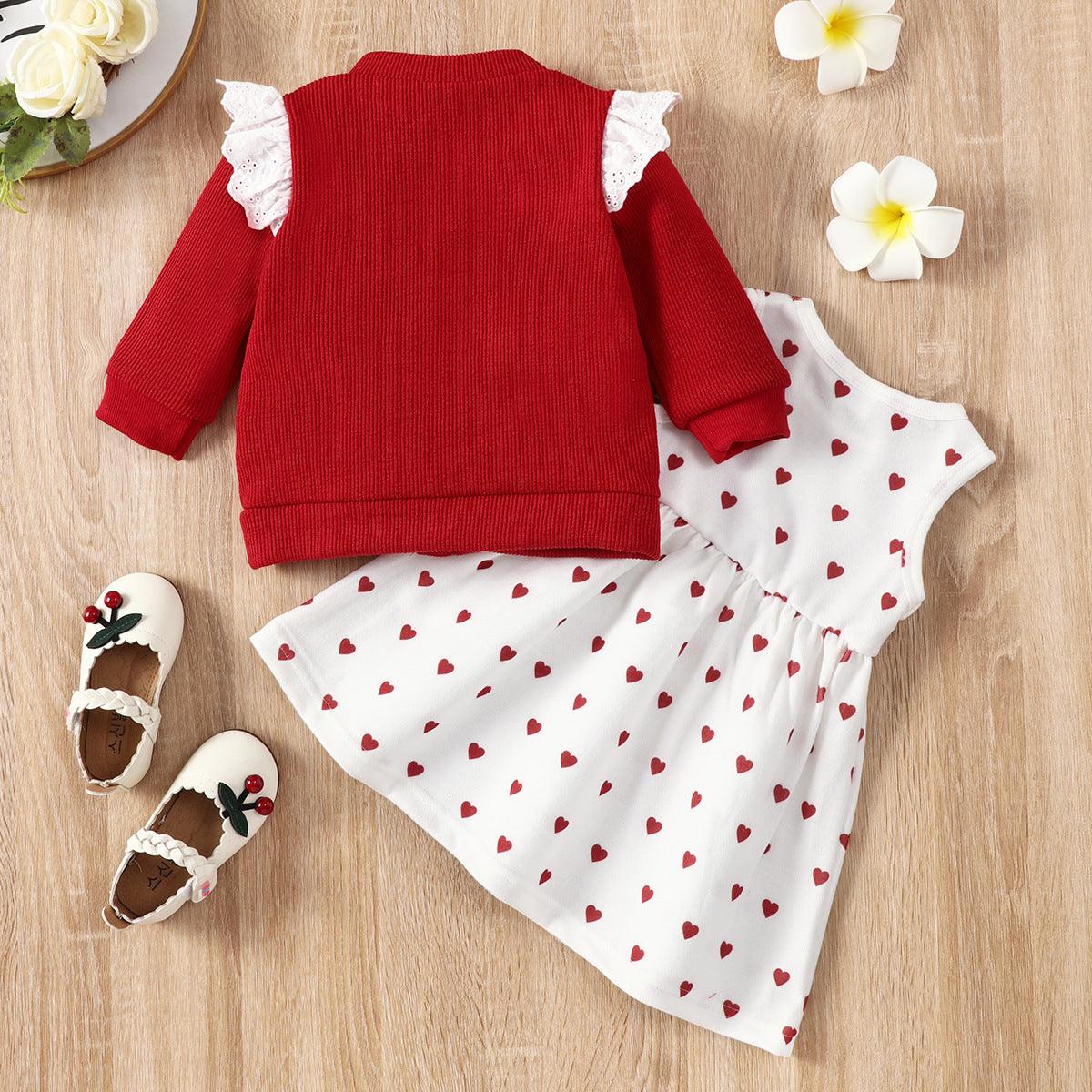 Toddler Girls Solid Color Love Printed Sweater Vest Skirt Set - PrettyKid