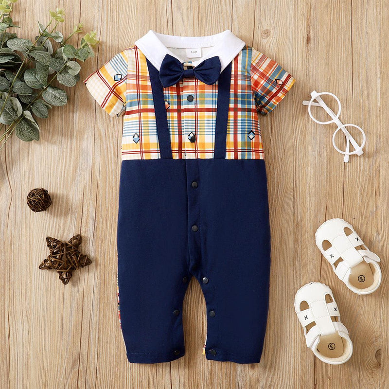 Baby Boys Summer Short Sleeve Plaid Stripe Printed False Suspender Bow Tie Gentleman Jumpsuit - PrettyKid