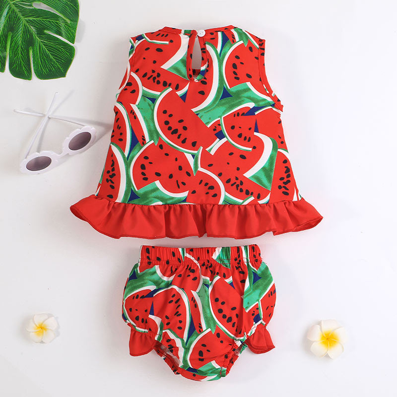Baby Girl Sleeveless Watermelon Print Top and Shorts Set - PrettyKid