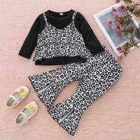 Girls' Long Sleeve Leopard Print Fake Two-piece Top with Split Flared Pants