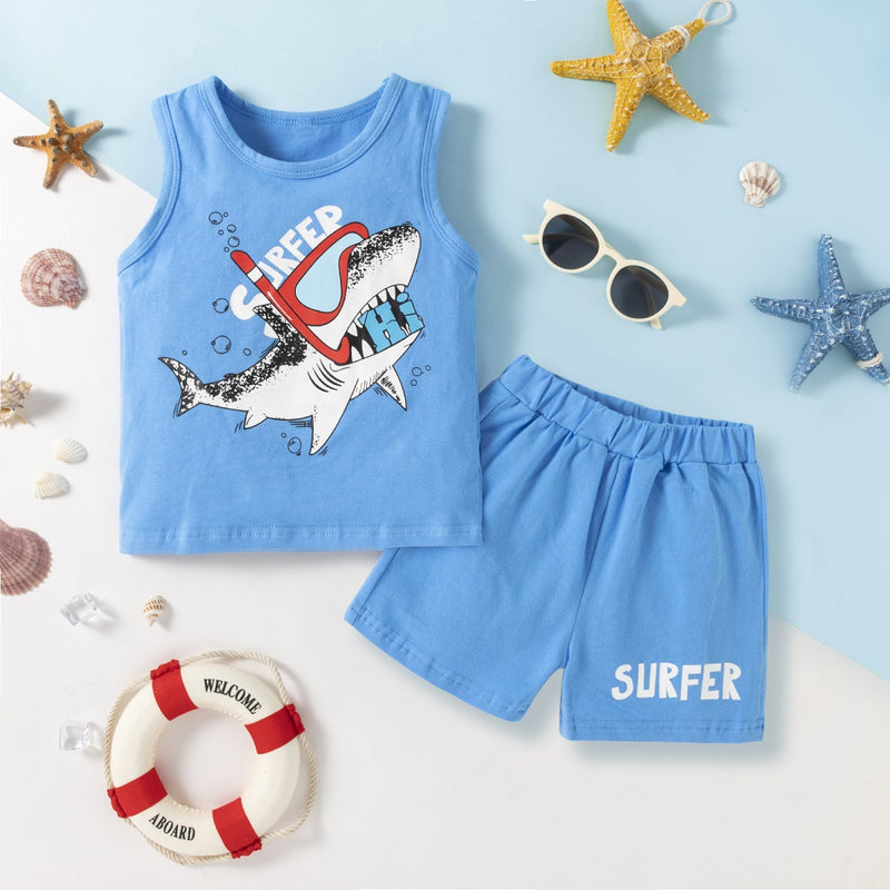 Toddler Kids Boys Solid Cartoon Shark Print Sleeveless Vest and Shorts Set - PrettyKid