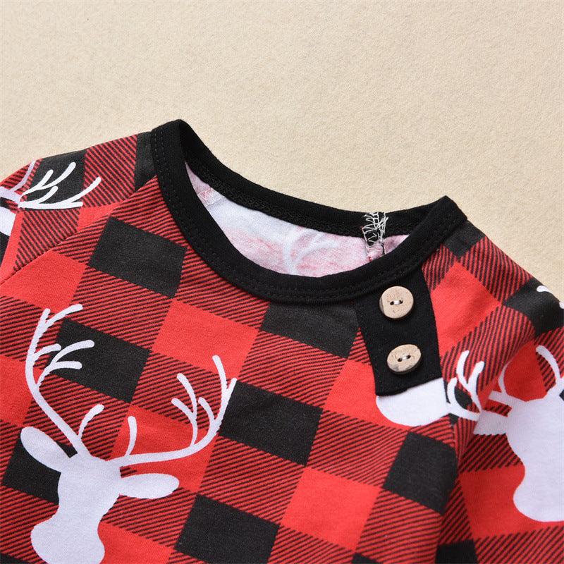 Children Cartoon Deer Head Christmas Print Plaid Long Sleeve Christmas Suit - PrettyKid