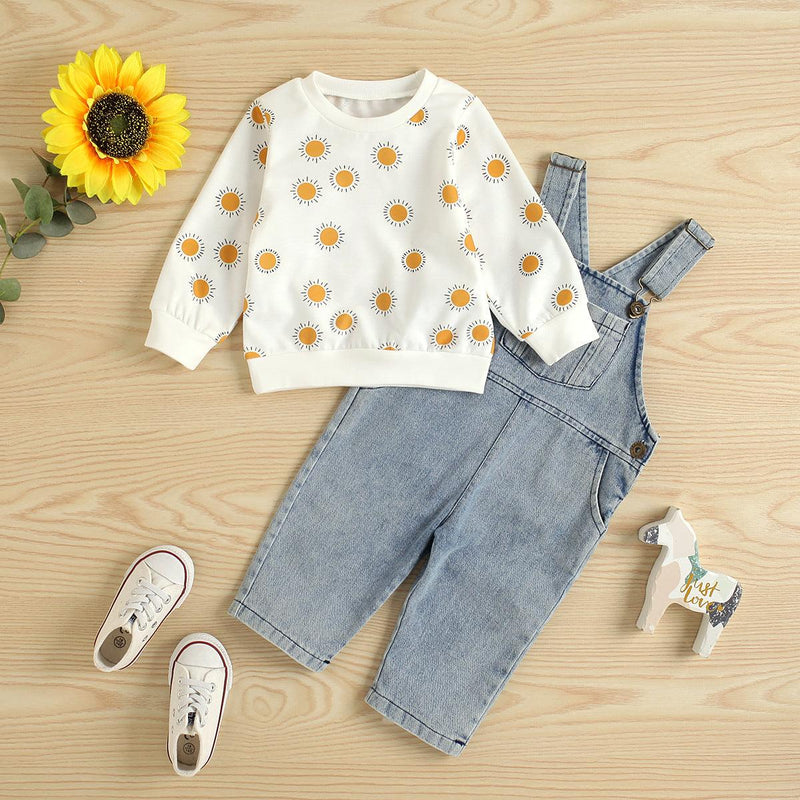 Toddler Kids White Cartoon Sun Printed Top Denim Suspender Suit - PrettyKid