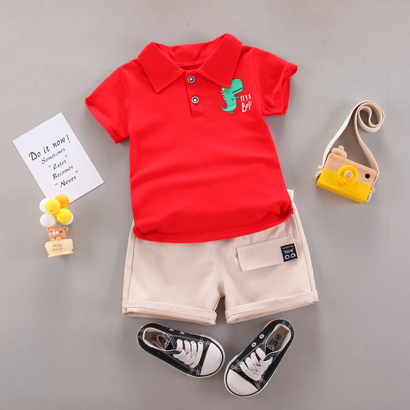 Children's Suit Solid Color POLO Dinosaur Printing Short-sleeved Shorts Summer Cotton Two-piece Set