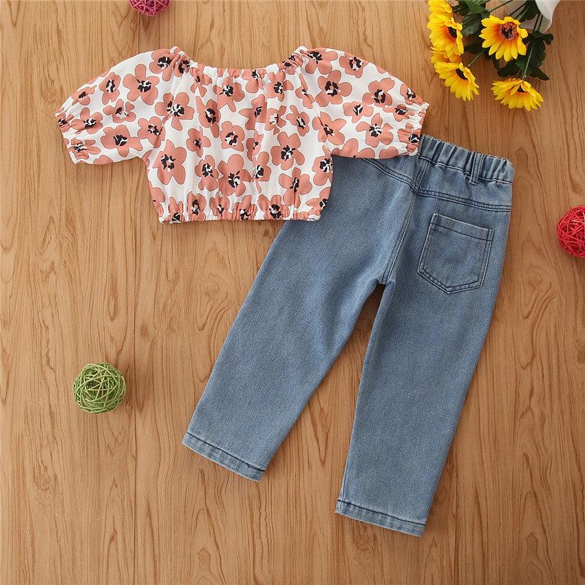 Toddler Kids Girls Printed Short-sleeved Top Jeans Suit Cheap Wholesale Children's Boutique Clothing - PrettyKid