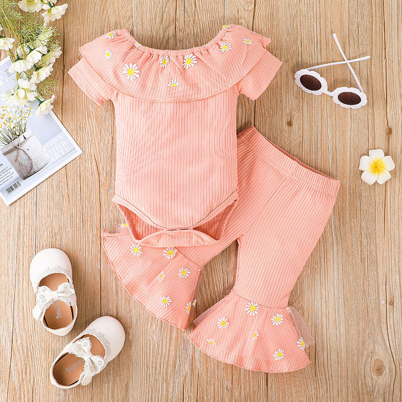 2022 Summer Girls Short-sleeved Harem Suit Casual Print Flared Pants Jumpsuit Two-piece - PrettyKid