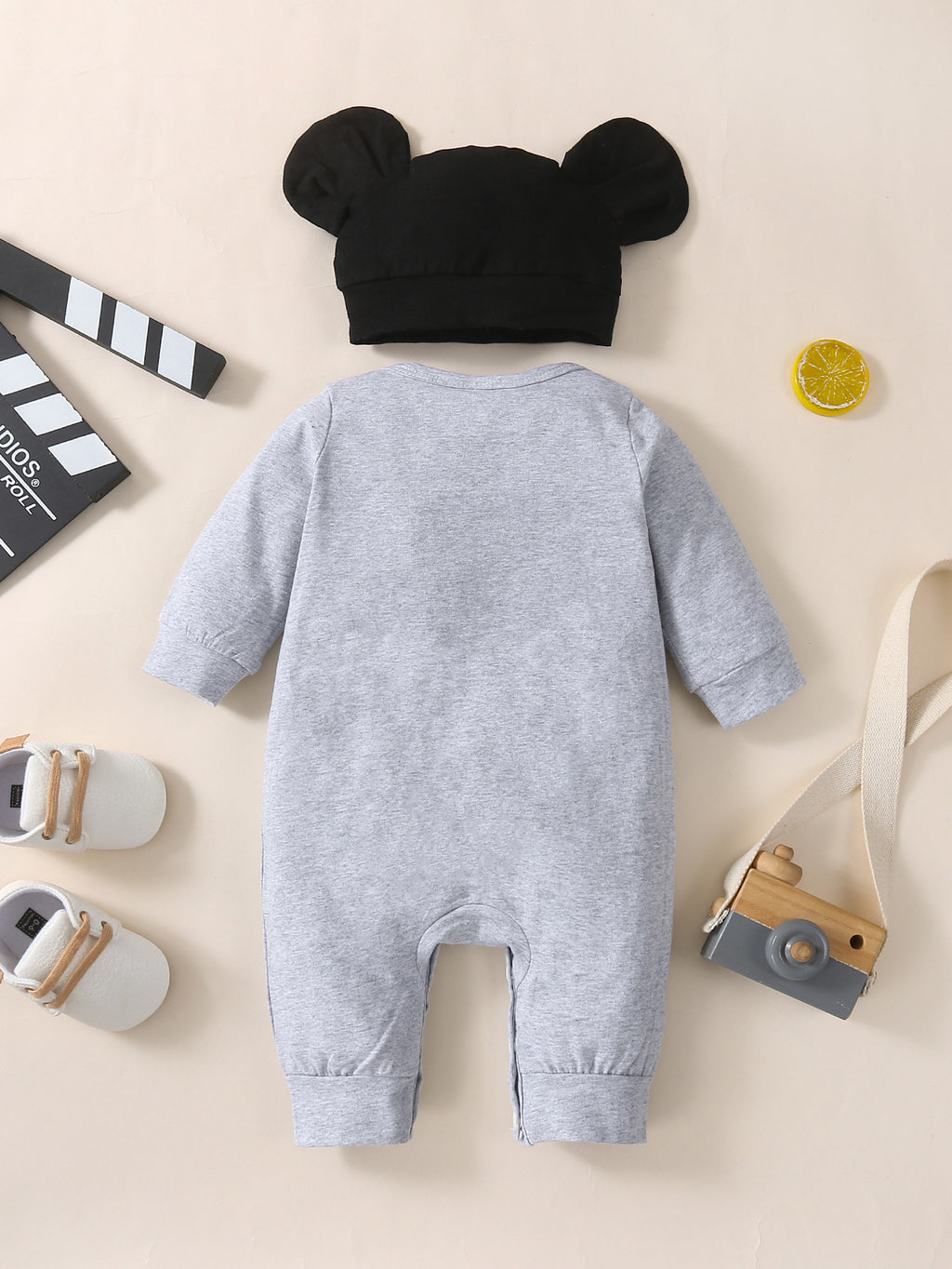 Baby Boys Girls Solid Color Cartoon Elephant Print Long Sleeve Jumpsuit Hat Set - PrettyKid