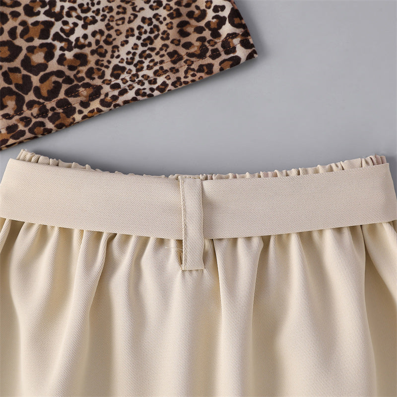 Toddler Kids Girls One Shoulder Leopard Print Top Solid Color Bow Belt Skirt Set - PrettyKid