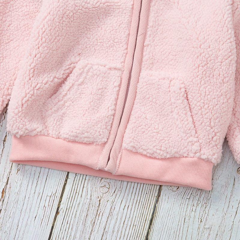 Toddler Girl Solid Lovely Pink Lamb Wool Zip Coat - PrettyKid