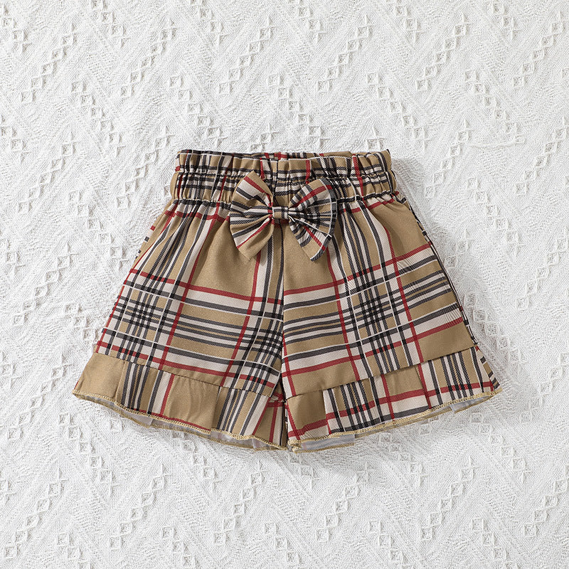 Toddler Girl Solid Color Mesh Splicing Suspender Top Plaid Printed Shorts Summer Suit - PrettyKid