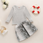Toddler Kids Girls Gray Long Sleeve Top Snake Print Skirt Set - PrettyKid