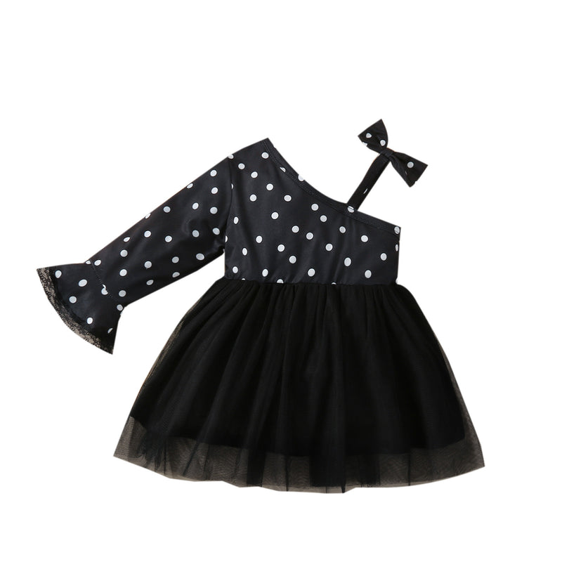 Toddler Girls Polka Dot One Shoulder Mesh Stitched Dress - PrettyKid