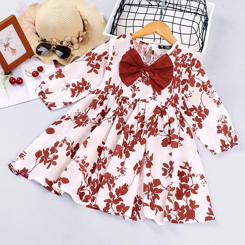 Toddler Kids Girls Solid Color Plant Print Bow Long Sleeve Dress - PrettyKid