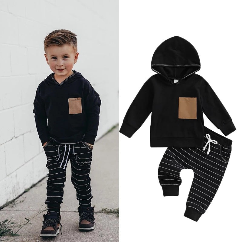 2022 Toddler Kids Boys Solid Color Pocket Hooded Sweatshirt Striped Pants Set - PrettyKid