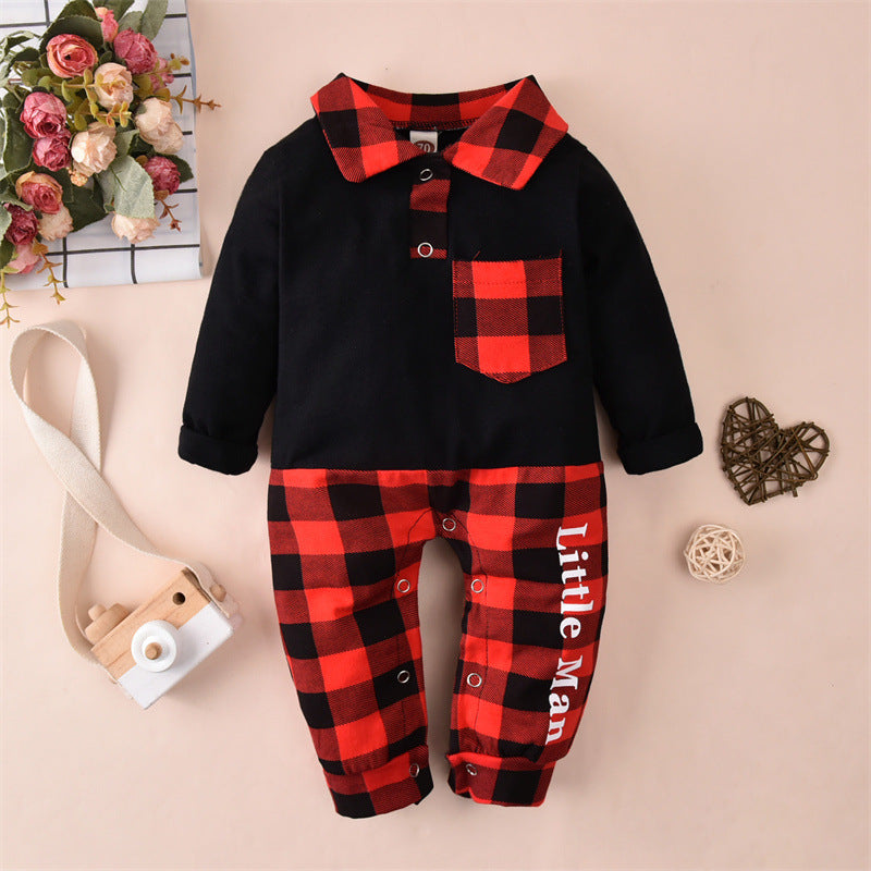 Baby Boys Plaid Stitching Solid Color Long-sleeved Small Gentleman Jumpsuit - PrettyKid