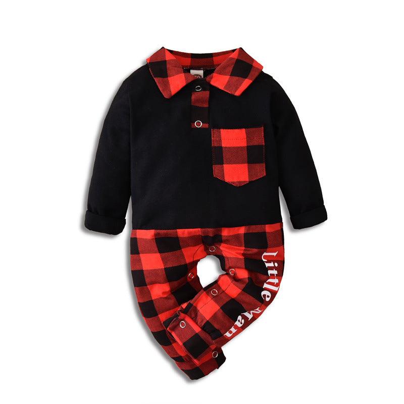 Baby Boys Plaid Stitching Solid Color Long-sleeved Small Gentleman Jumpsuit - PrettyKid