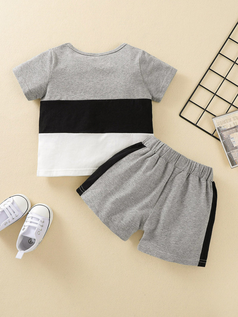 Toddler Boys Solid Color Letter Print Color Blocking Short-sleeved Suit - PrettyKid