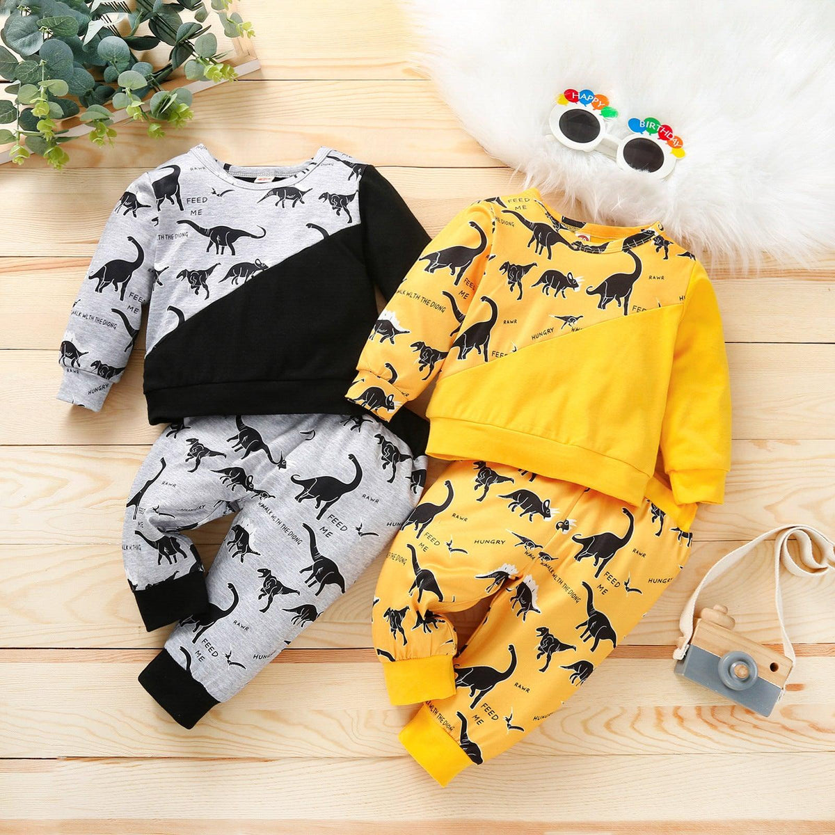 Toddler Kids Boys' Round Neck Dinosaur Print Color Blocking Long-sleeved Suit - PrettyKid