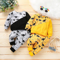 Toddler Kids Boys' Round Neck Dinosaur Print Color Blocking Long-sleeved Suit - PrettyKid