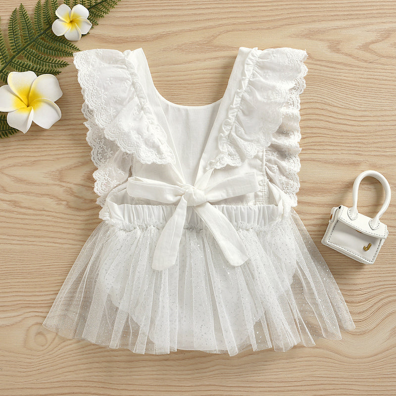 Baby Girls Peach Blossom Lace White Mesh Splicing Jumpsuit - PrettyKid
