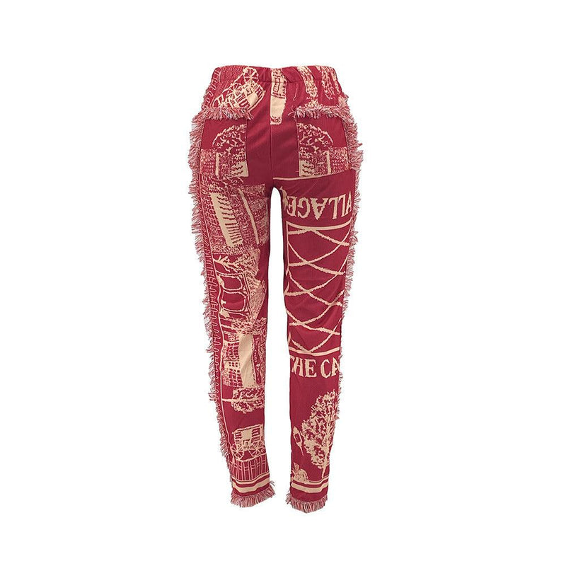 Women's Colorful Fringed Flannel Pants- Red - PrettyKid