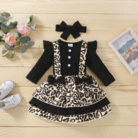 Baby Girls' Solid Color One-piece Leopard Print Suspender Skirt Set - PrettyKid