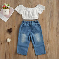 Toddler kids girls' off-the-shoulder lace hollow top with butterfly embroidered jeans set - PrettyKid