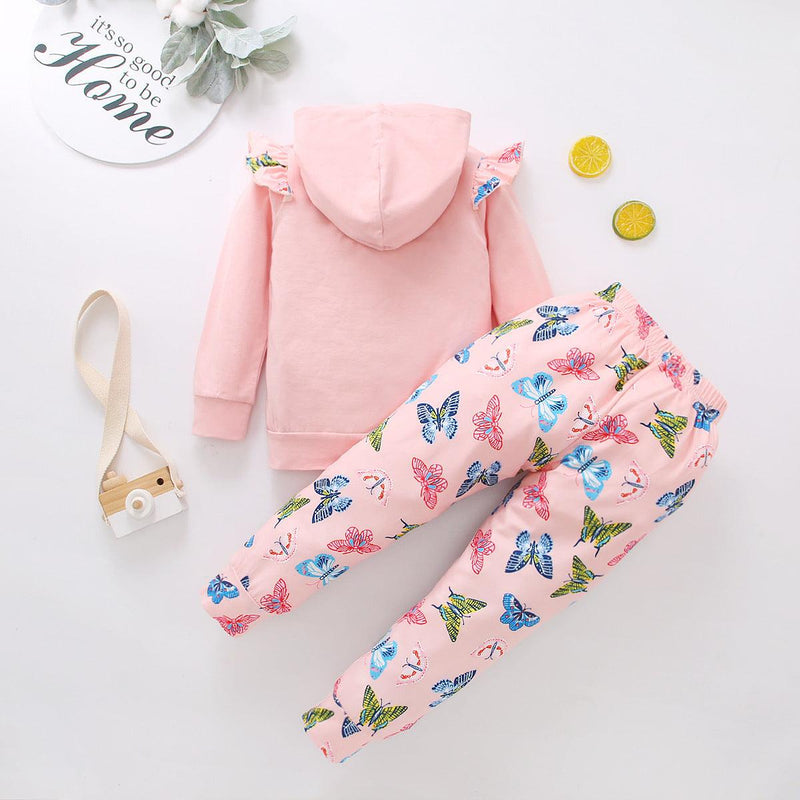 Kids Girls Butterfly Print Hooded Pullover Long Sleeved Shirt Set - PrettyKid