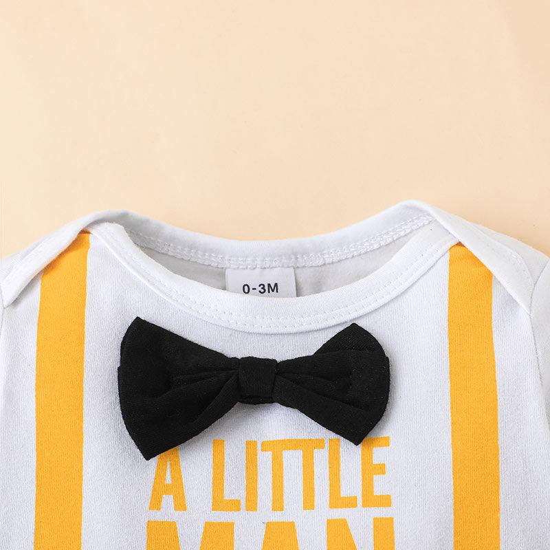 Baby Boys Solid Letter Print Bow Tie Gentleman Jumpsuit - PrettyKid