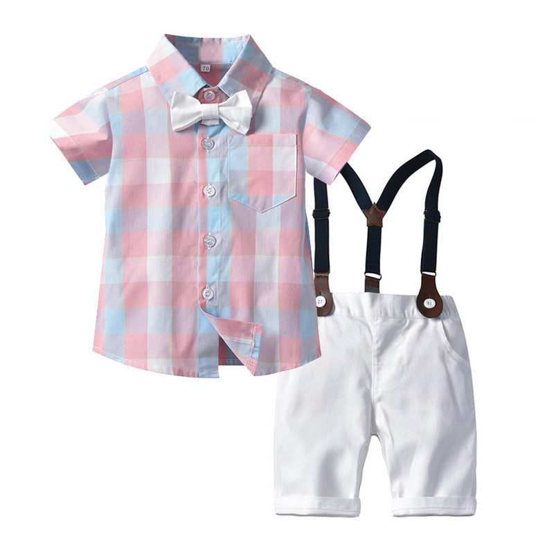 Toddler Children Boys' Plaid Bow Tie Shirt Strap Shorts Set - PrettyKid