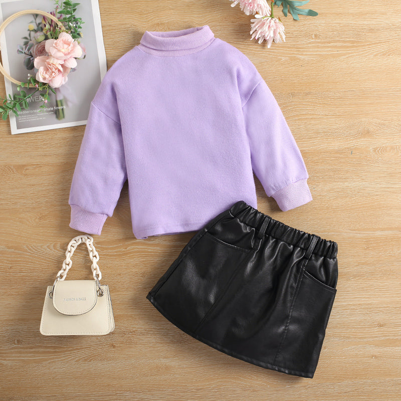 Toddler Kids Girls Solid Color High Collar Bottoming Knitted Sweater PU Leather Short Skirt Suit - PrettyKid
