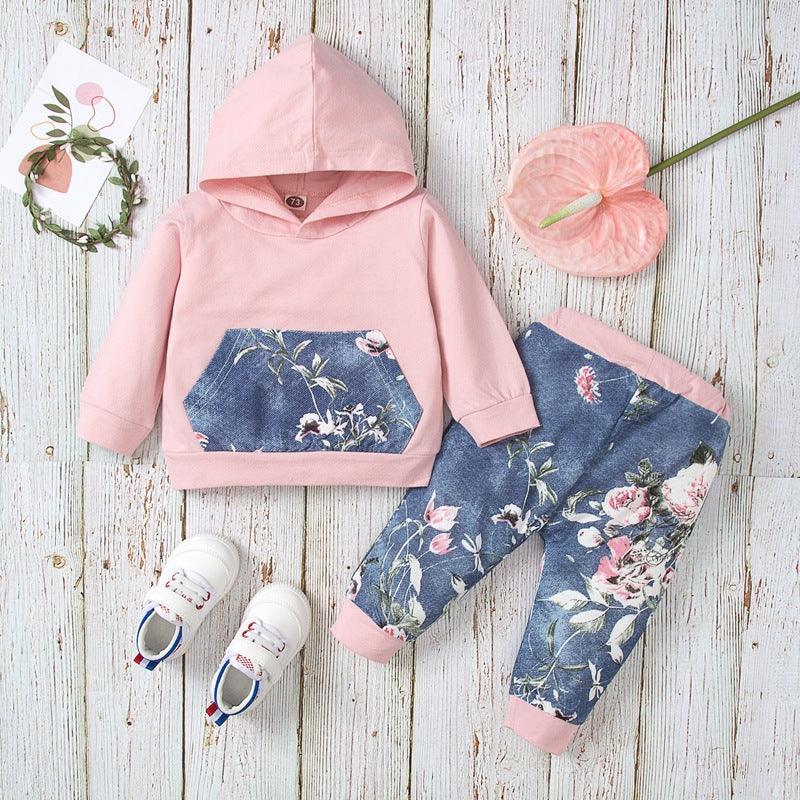 Toddler Kids Girls Pink Hoodie Floral Print Pants Set - PrettyKid