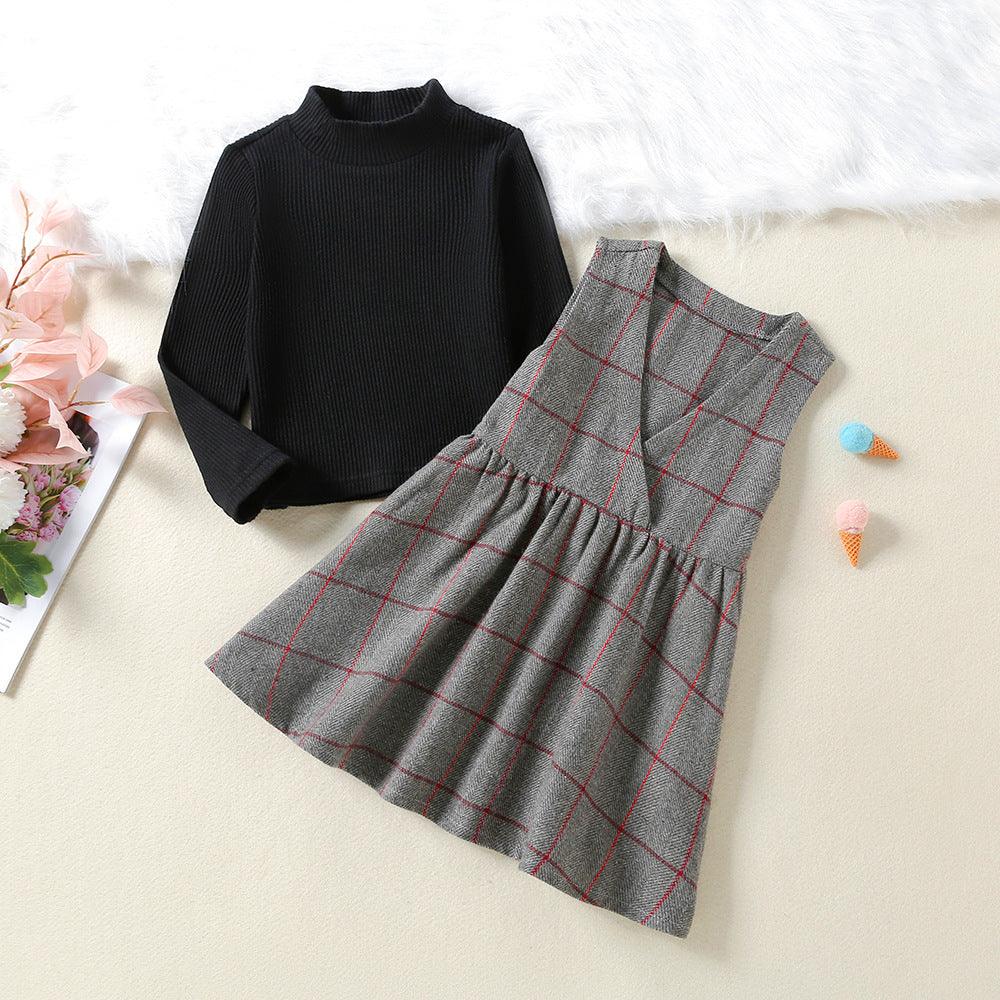 Toddler Kids Girls' Solid Sweater Plaid Vest Skirt Set - PrettyKid