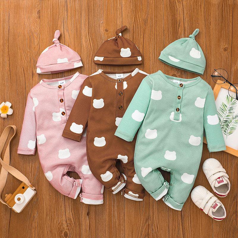 Baby Boys Girls Solid Color Lovely Printed Long Sleeve Jumpsuit Hat Set - PrettyKid